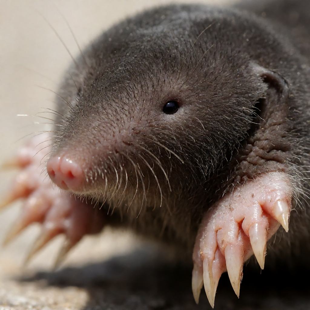 Close-up of a Blind Mole on loose soil showing the dark grey velvety fur, the pointed bare snout, the skin covered eyes and the broad front paw with five claws