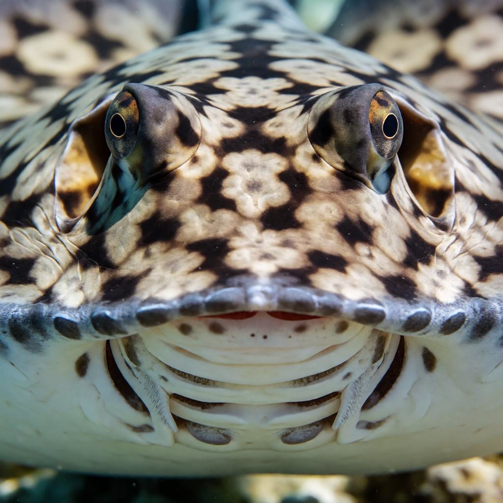 Close-up of a Marbled Stingray on sand showing the flat diamond shaped disc, the golden brown ground colour with bright blue blotches and the long thin tail