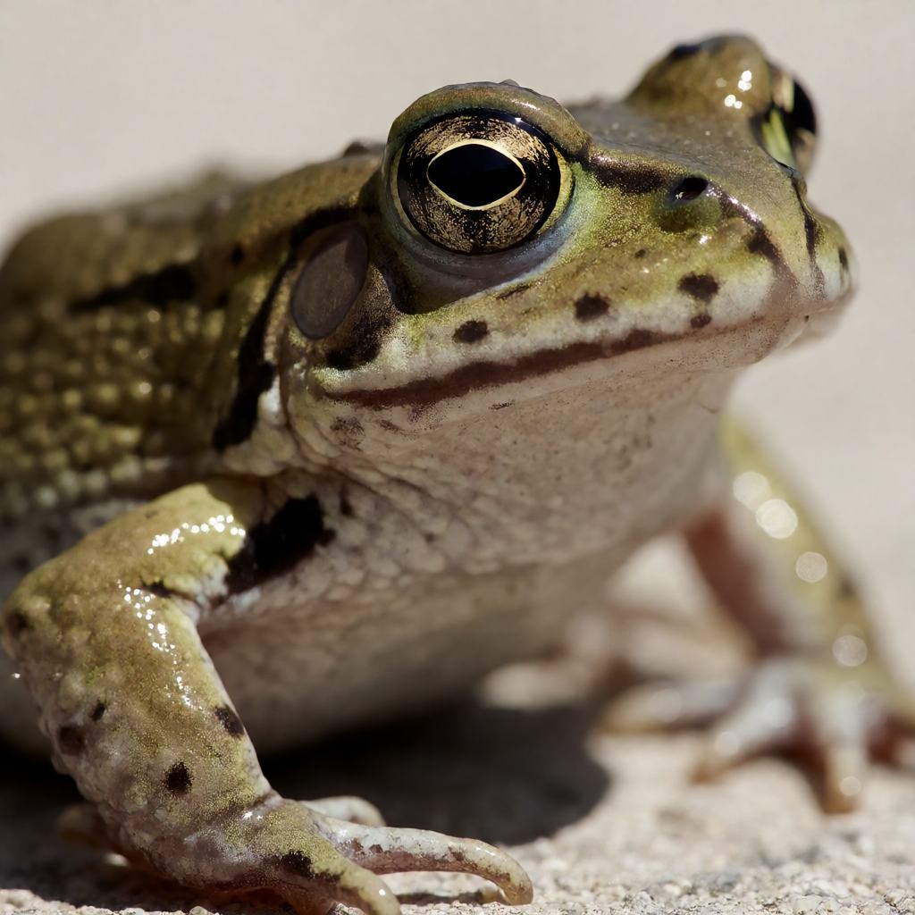 Close-up of a Western Spadefoot on sandy soil showing the plump olive body with dark blotches, the large eye with a vertical slit pupil and the black spade on the hind foot