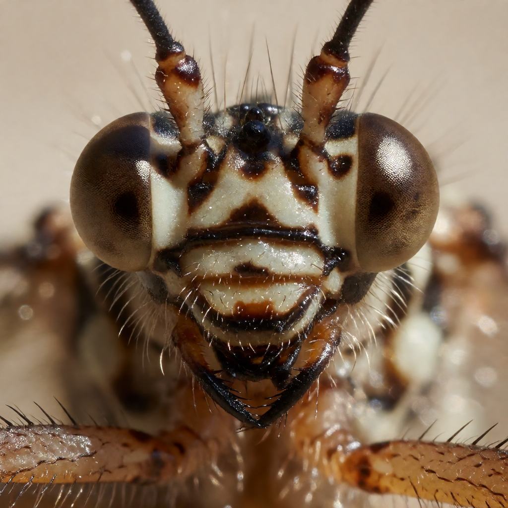Close-up of a spotted-winged antlion showing the clear dark spotted wings, the short clubbed antennae, the slender brown body and the long thin legs