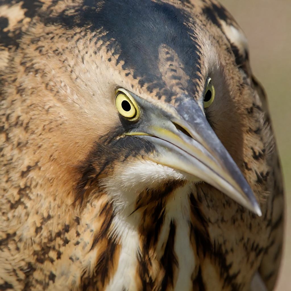 Close-up of a Eurasian Bittern showing the pale yellow eye, the long straight yellowish bill, the dark crown and the heavy brown streaks on the neck