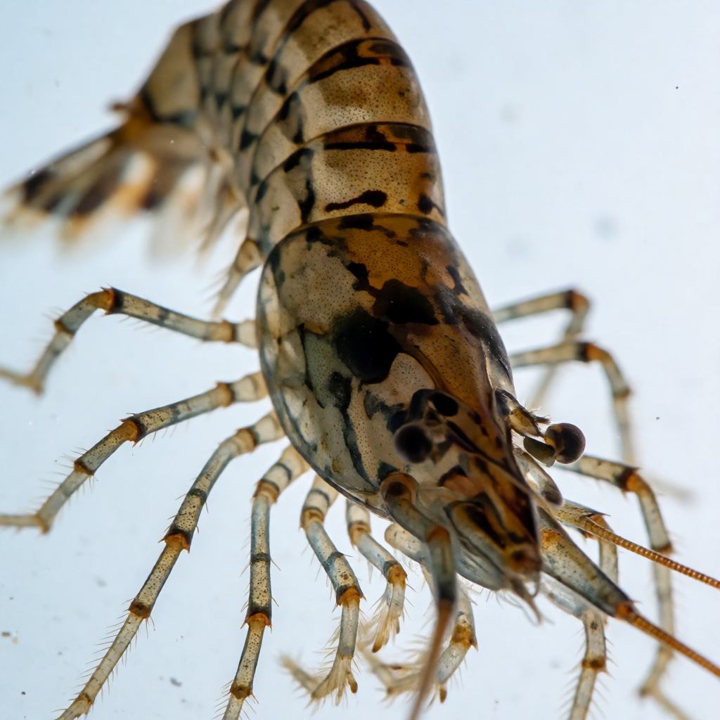 Close-up of a common freshwater shrimp showing the curved segmented body, the long antennae, the many pairs of legs and the small dark eyes
