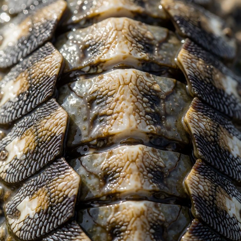 Close-up of the shell plates of a West Indian green chiton showing the 8 separate overlapping valves and the tough grainy band around the edge