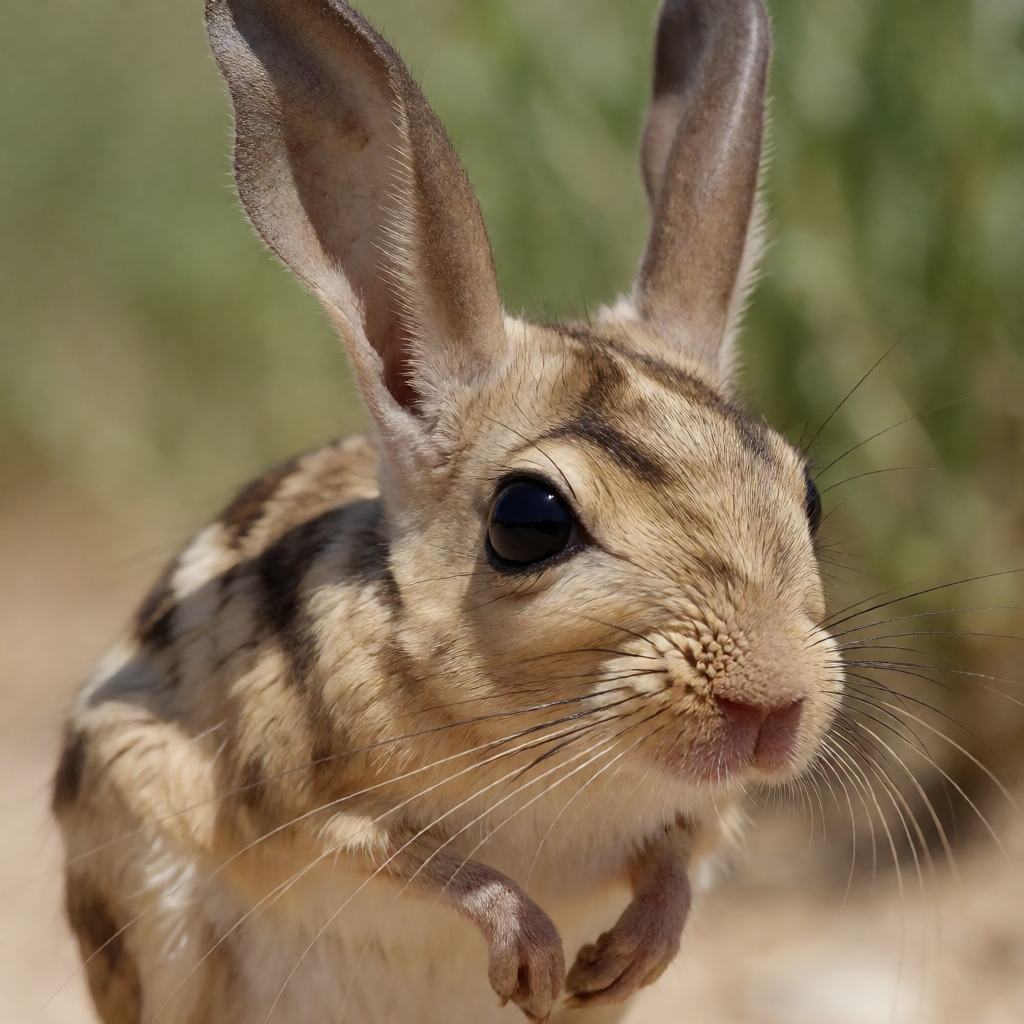 Close-up of a lesser Egyptian jerboa showing the very large upright ears, the large dark eye, the fine whiskers and the small front paws