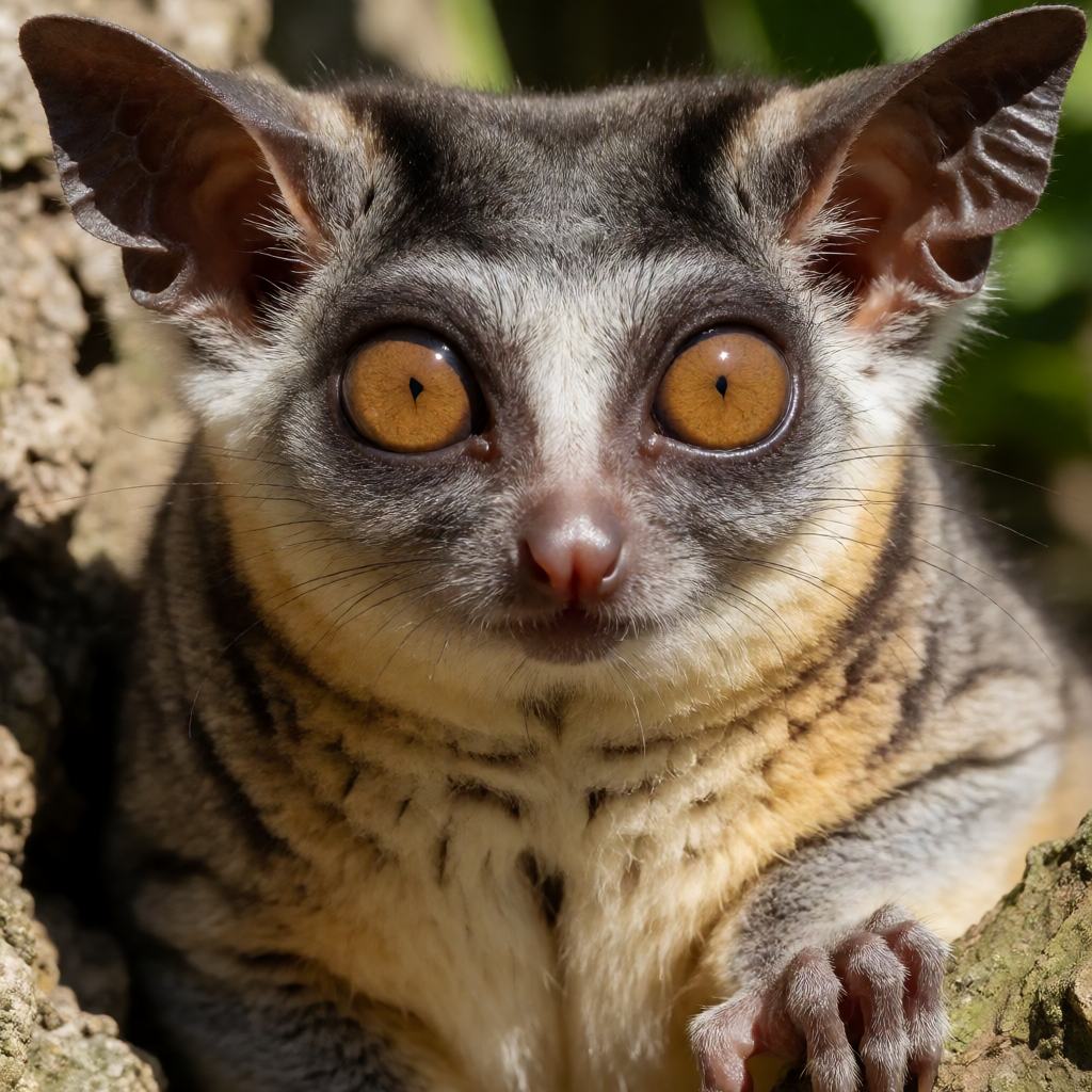 Close-up of a South African Galago showing the very large amber eyes, the thin hairless ears folded back, the fine whiskers and the small grasping hand