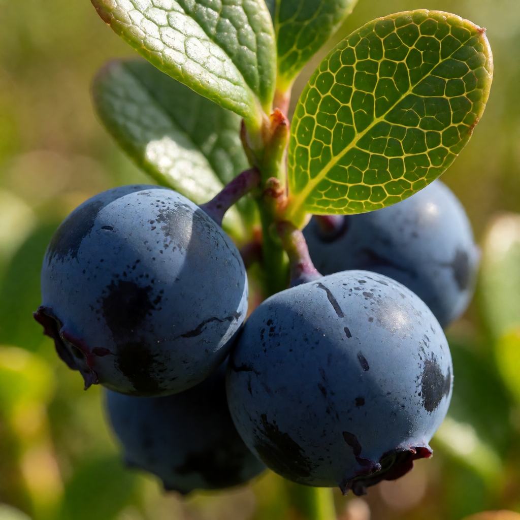 Close-up of bog bilberry fruit showing the round dark blue berries with a waxy bloom and the small oval leaves with netted veins