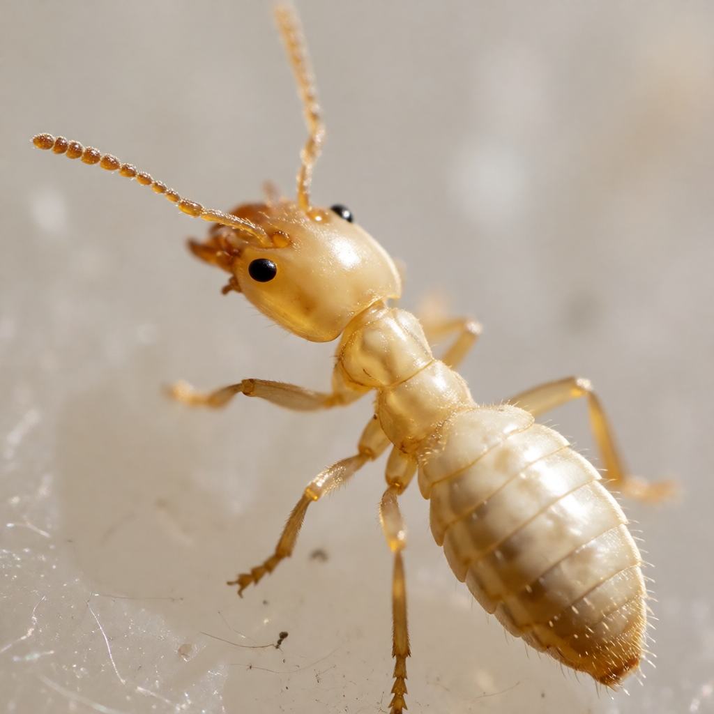 Close-up of an eastern subterranean termite worker beside a soldier with a large yellow head, showing the soft cream body, the bead like antennae and a mud tube behind them