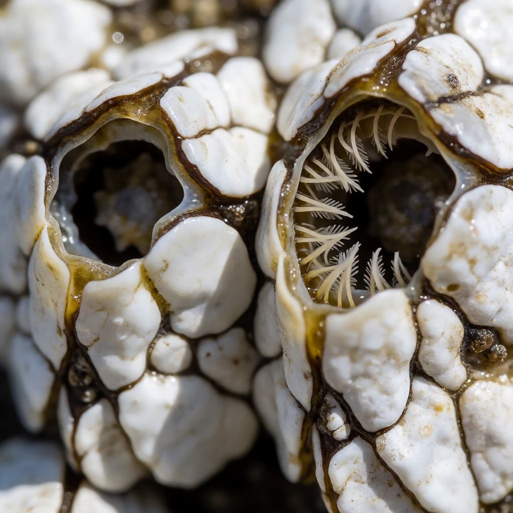 Close-up of acorn barnacles crowded on a rock at low tide, showing the white cone of six plates, the dark slit at the top and the fine ridges running down each plate