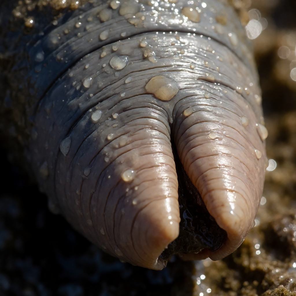 Close-up of the exposed siphon of a Pacific geoduck in sandy mud at low tide, showing the thick grey fleshy neck, the puckered tip and the pale shell edge buried below