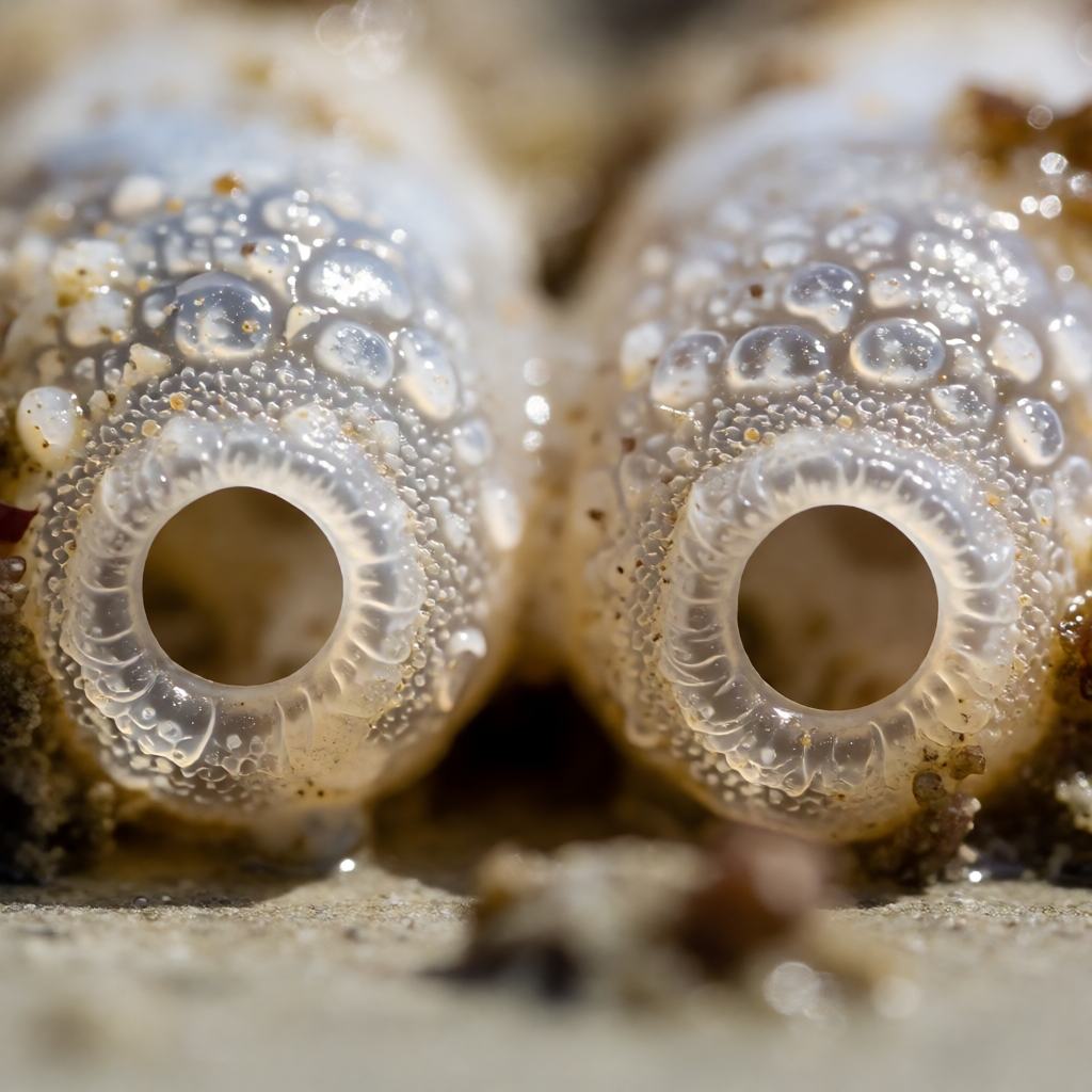 Close-up of vase sea squirts on a submerged rope, showing the soft pale translucent tube, the two openings at the top and the yellowish rim around each siphon