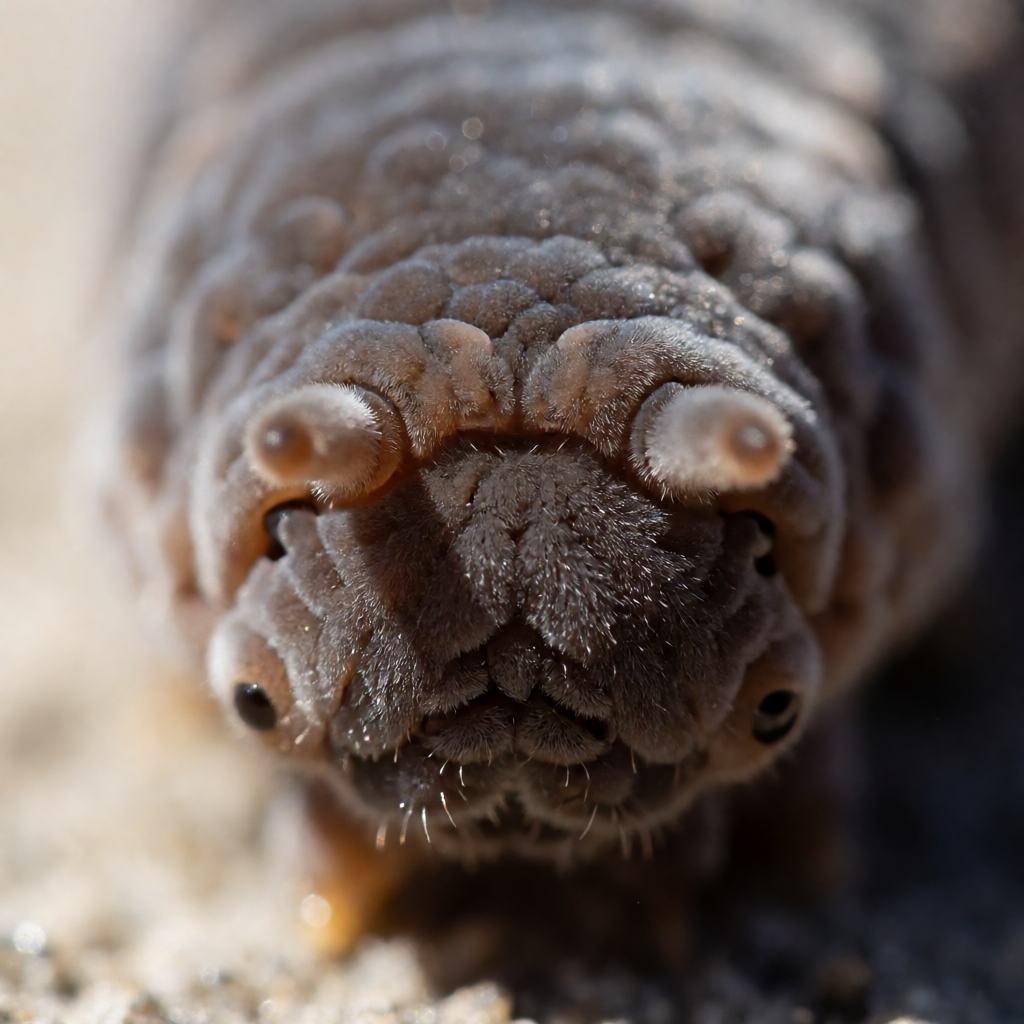 Close-up of a velvet worm on damp bark, showing the dark grey blue skin with fine bumps, the short legs ending in small claws and the antennae feeling the surface