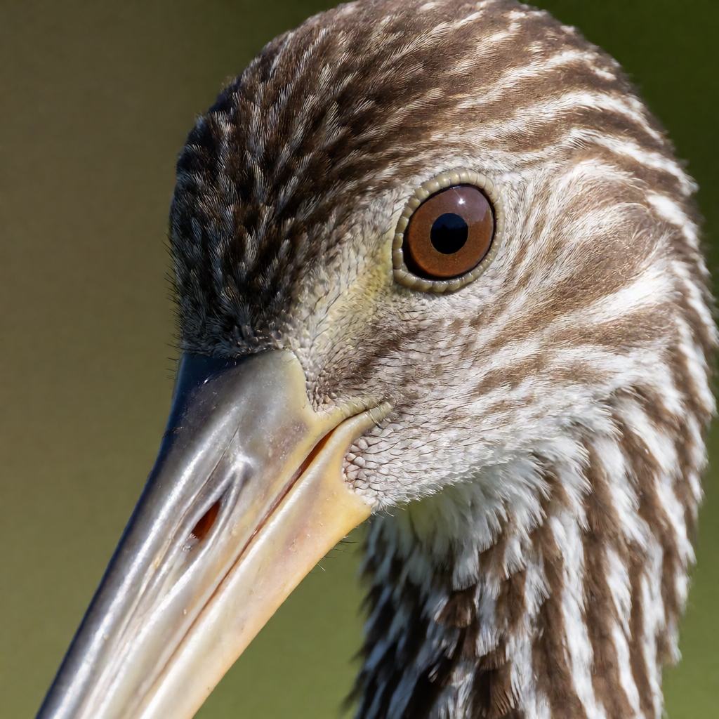 Close-up of a limpkin wading in shallow marsh water, showing the brown streaked plumage, the white spotted wings, the long slightly curved bill and the long grey legs