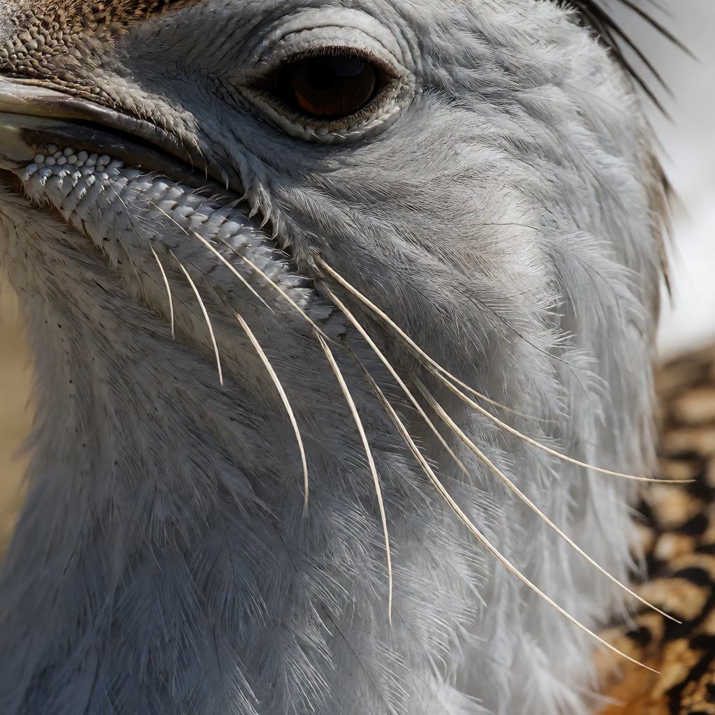 Close-up of a male great bustard on short grassland, showing the thick grey moustache of feathers under the bill, the brown barred back and the white chest and belly