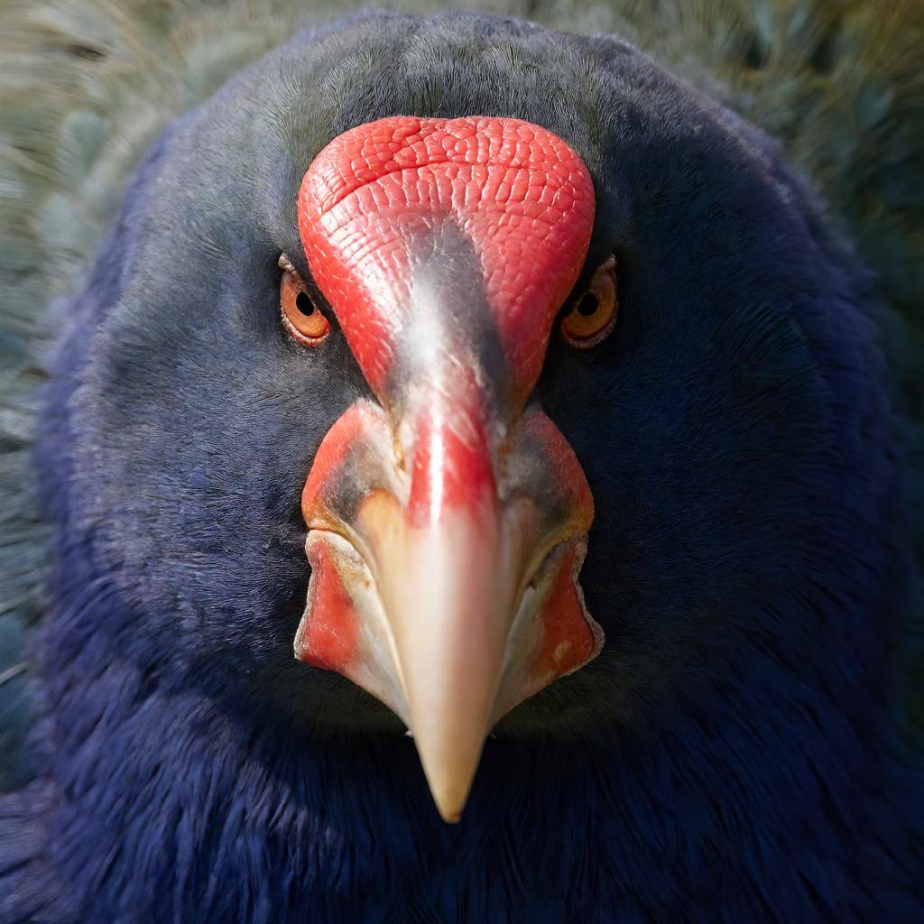Close-up of a South Island takahe on tussock grass, showing the blue and green plumage, the thick bright red bill, the strong red legs and the small useless wings