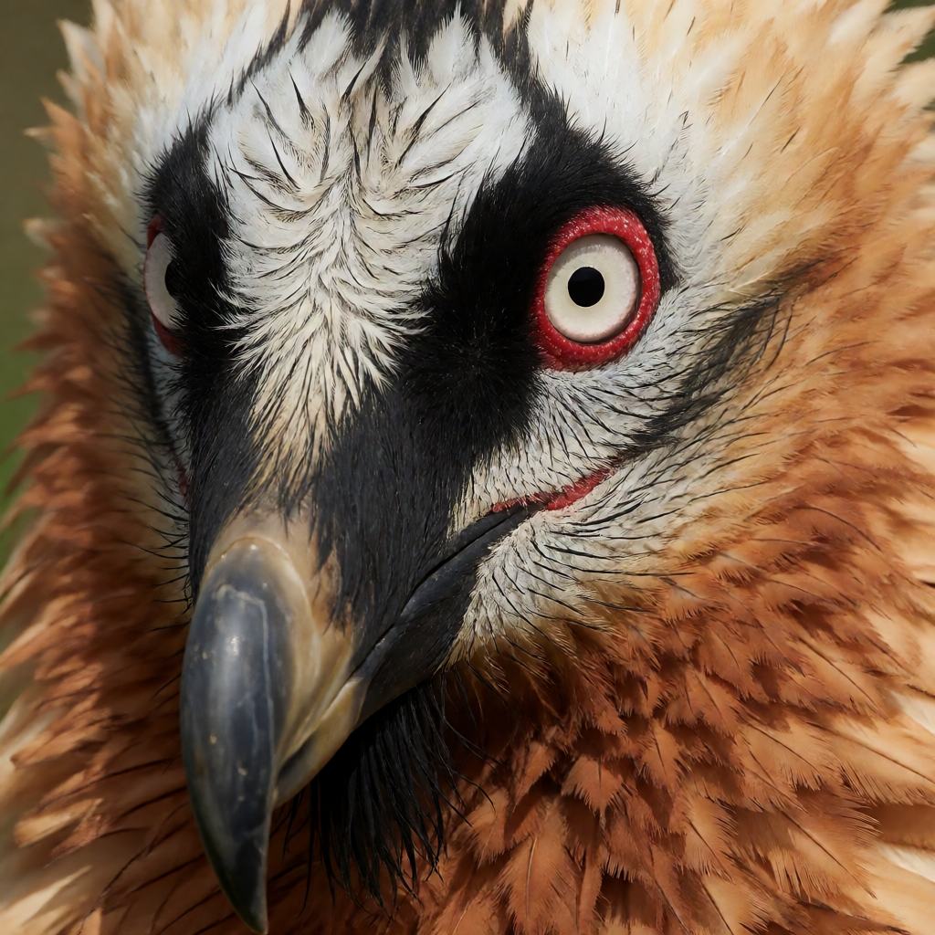 Close-up of an adult bearded vulture perched on a cliff, showing the dark grey wings, the rusty orange underparts from mud baths, the black beard feathers under the beak and the bright red eye ring