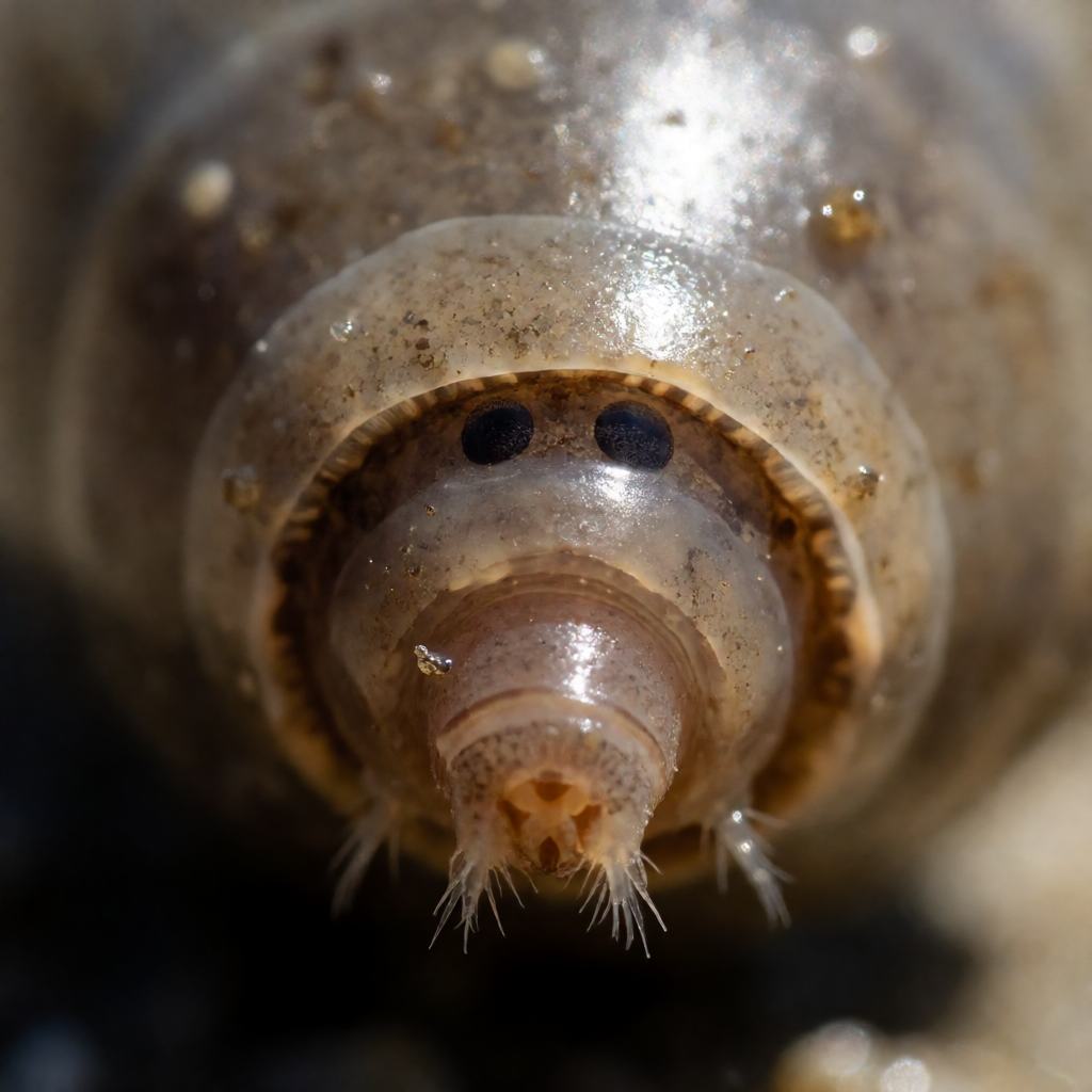 Close-up of a spoon worm showing the smooth swollen trunk, the short proboscis and the fine ring muscles
