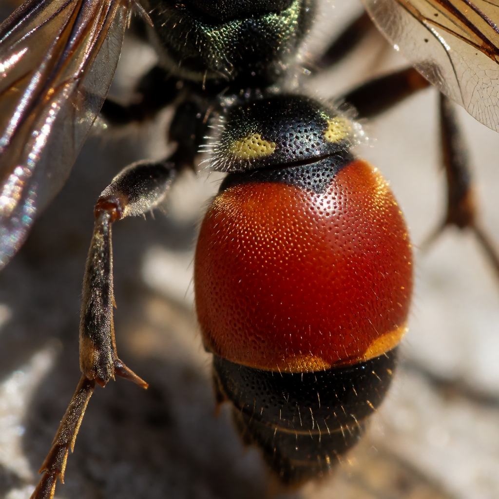 Close-up of a ruby-tailed wasp showing the pitted metallic body, the red abdomen and the tiny teeth along its hind edge