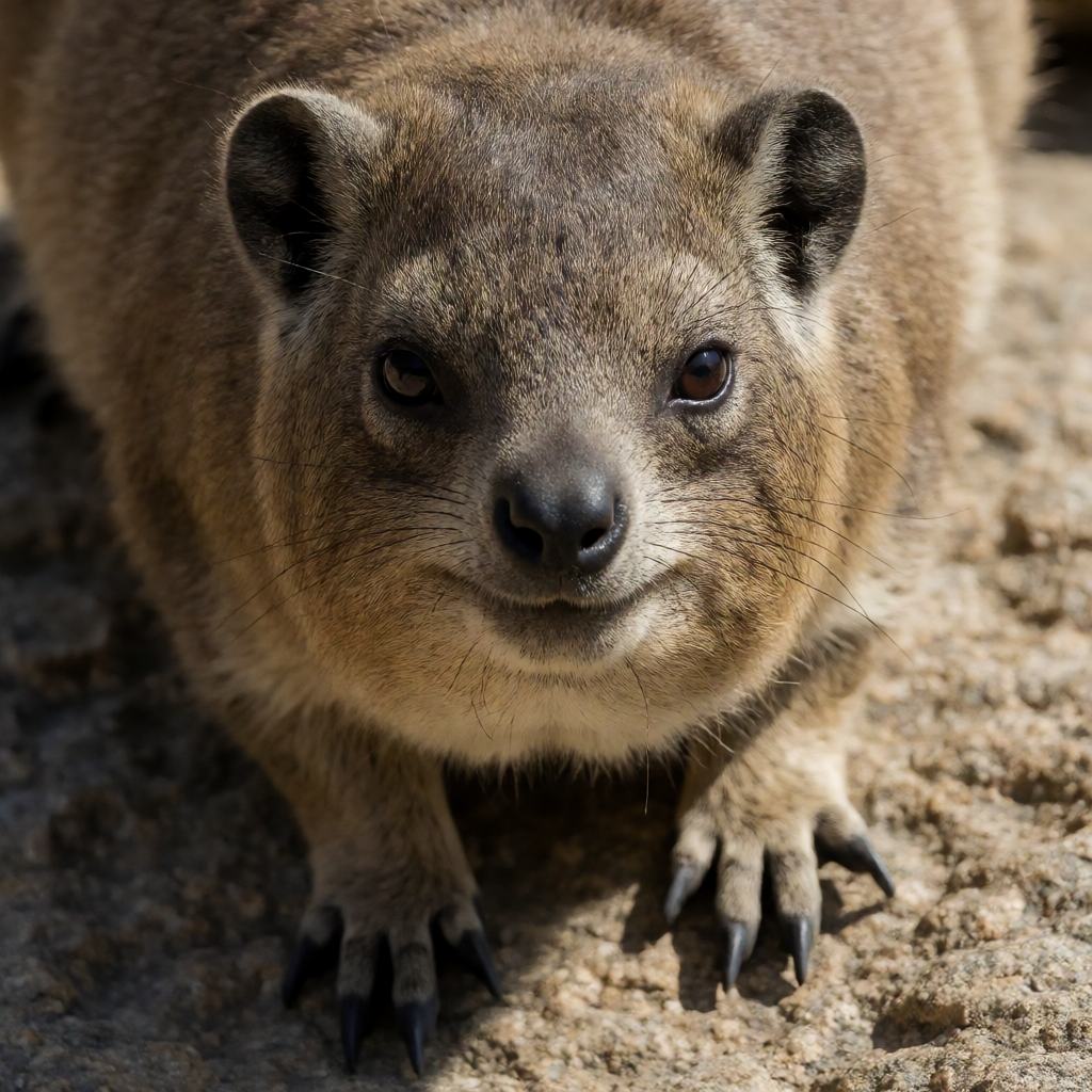 Close-up of a rock hyrax head, showing the small rounded ears, dark whiskers and rubbery gripping pads