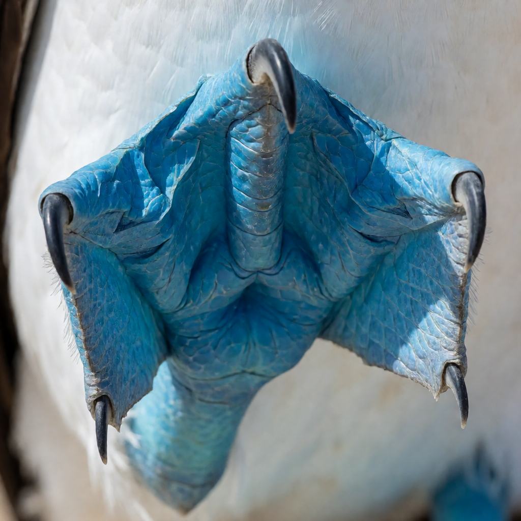 Close-up of blue-footed booby feet, showing the vivid blue webbed skin and thick claws