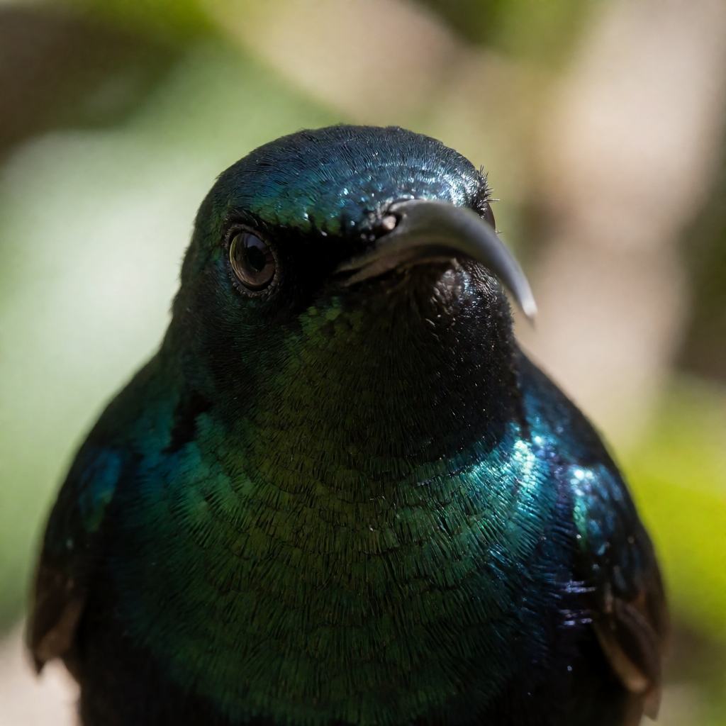 Close-up of a sunbird, showing the long downcurved bill and the iridescent green-black plumage