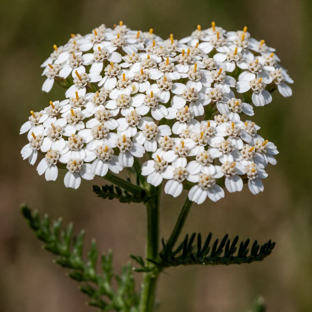 Close-up of a yarrow flower head, showing the dense cluster of tiny white florets and feathery leaves below