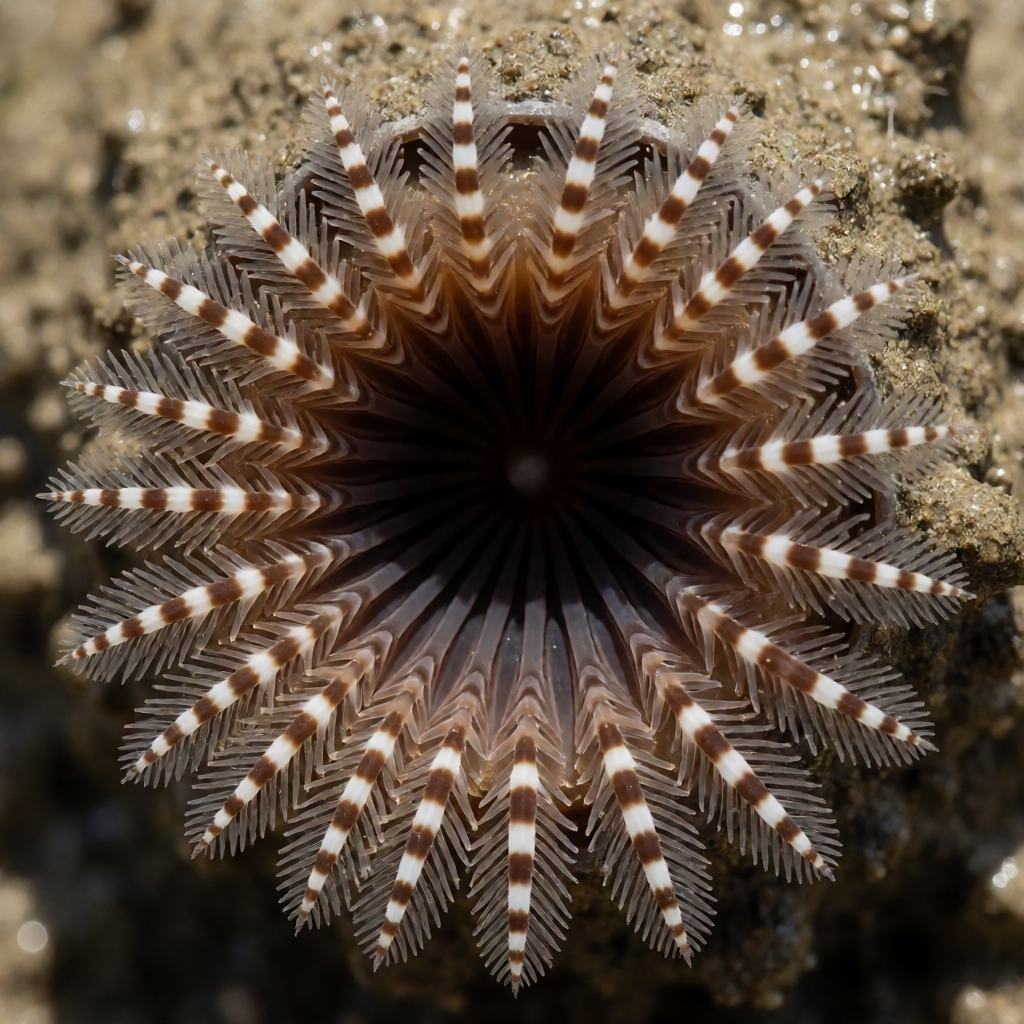 Close-up of a tube worm fan, showing the ring of banded feathery tentacles around the muddy tube mouth