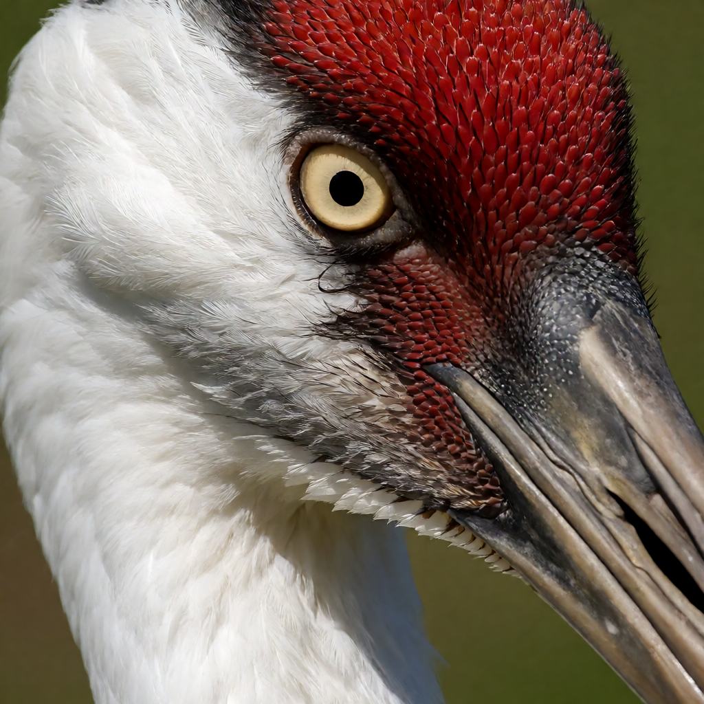 Close-up of a whooping crane head, showing the red crown, yellow eye and long dagger-like bill