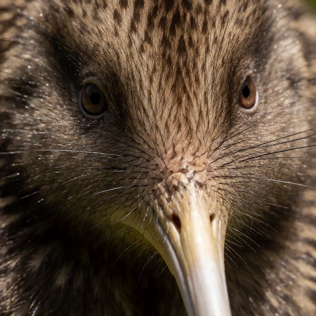 Close-up of a great spotted kiwi, showing the long pale bill, brown spotted feathers and the whiskers