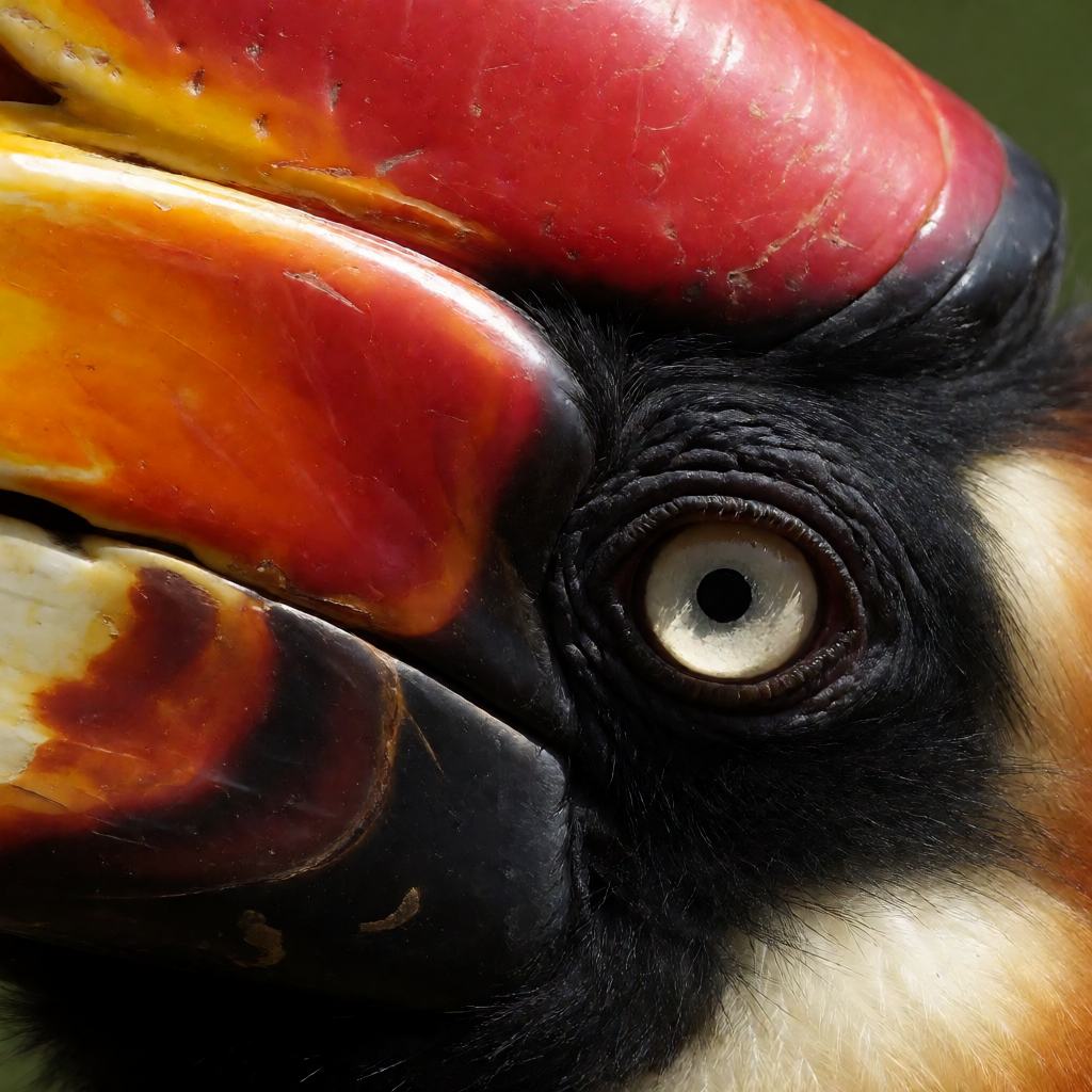 Close-up of a rufous hornbill head, showing the huge red casque, the dark bill and the pale eye