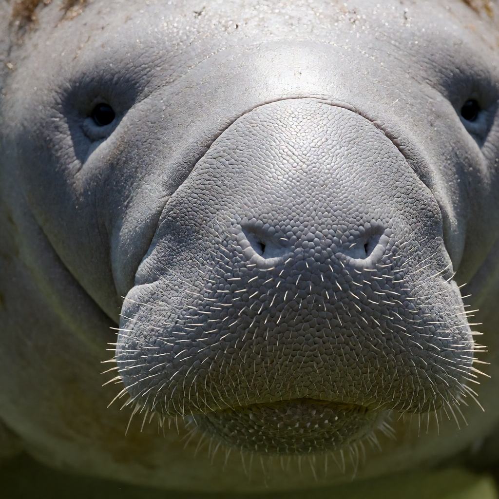 Close-up of an Amazonian manatee head, showing the whiskered snout, small eye and smooth grey skin
