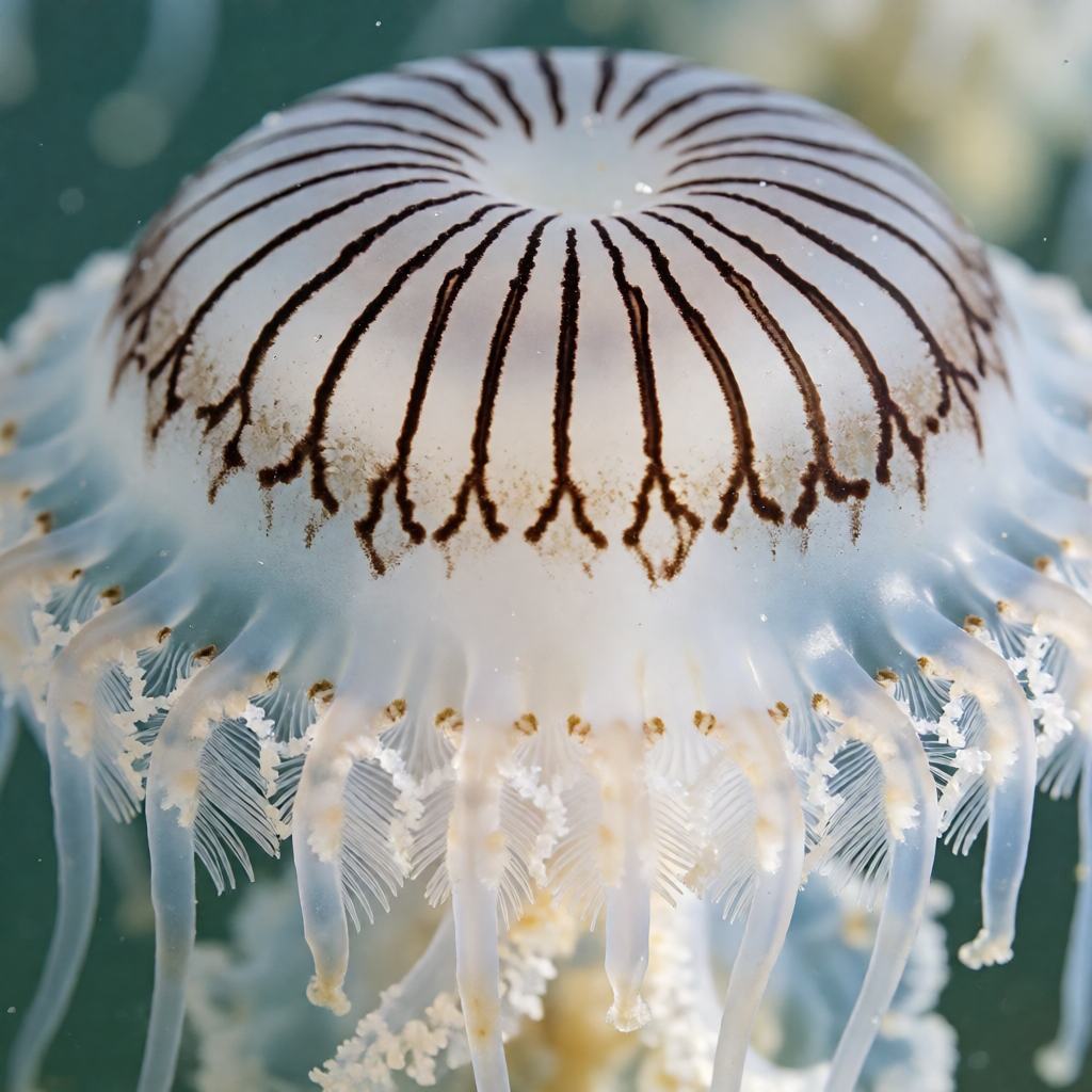 Close-up of an Atlantic sea nettle, showing the pale bell, the dark radiating stripes and long trailing tentacles