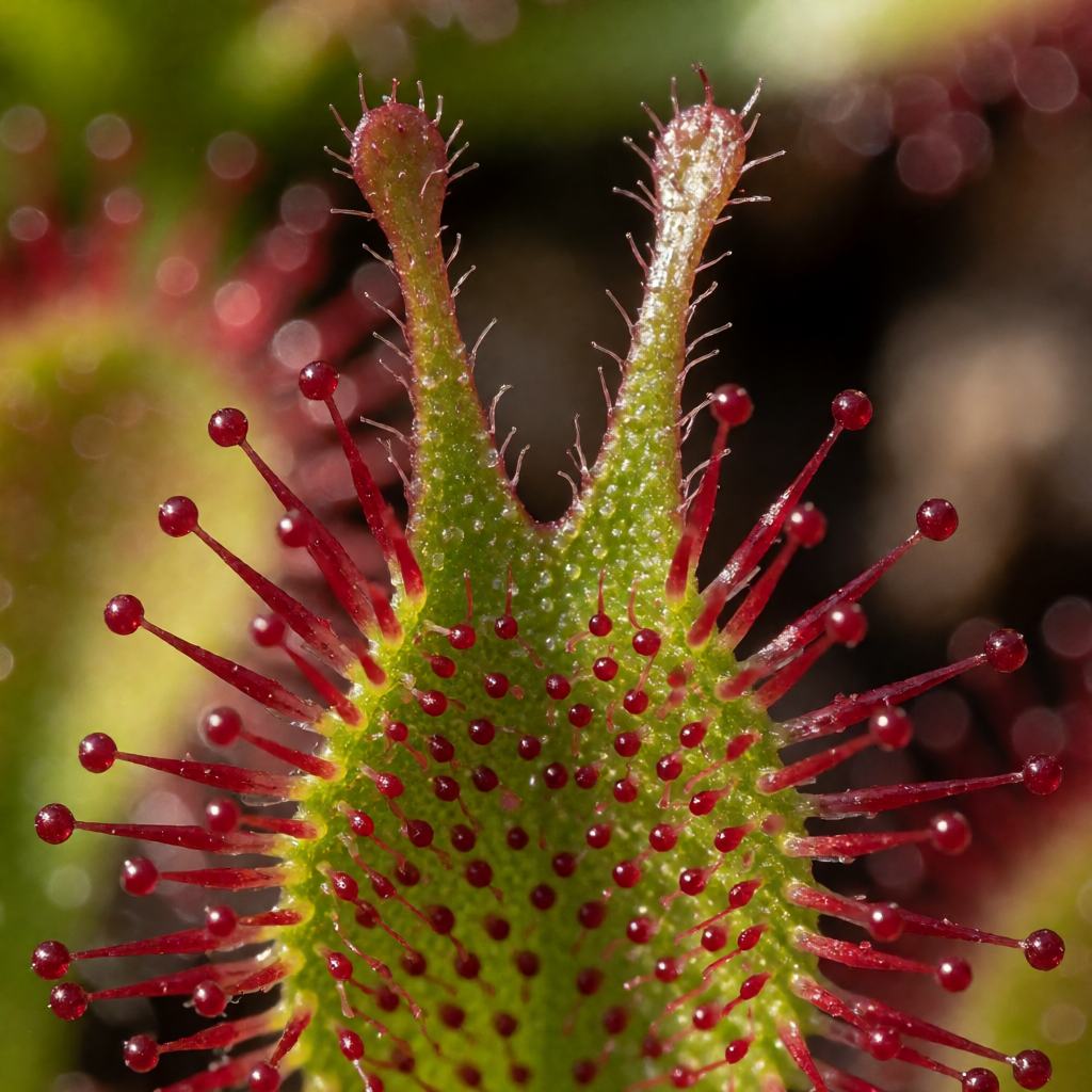 Close-up of a fork-leaved sundew, showing the forked sticky leaf and the glistening red tentacles