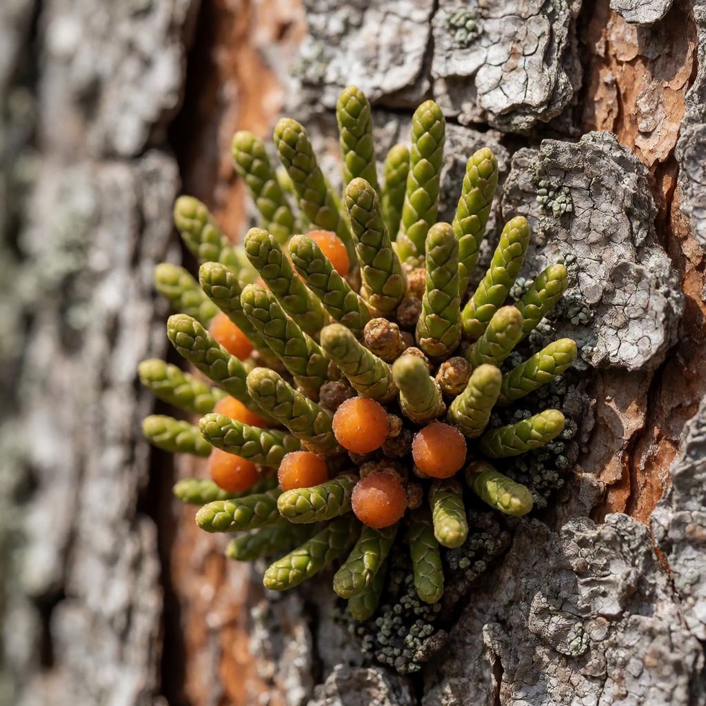 Close-up of dwarf mistletoe, showing the small scaly shoots and orange-brown stems on a conifer branch