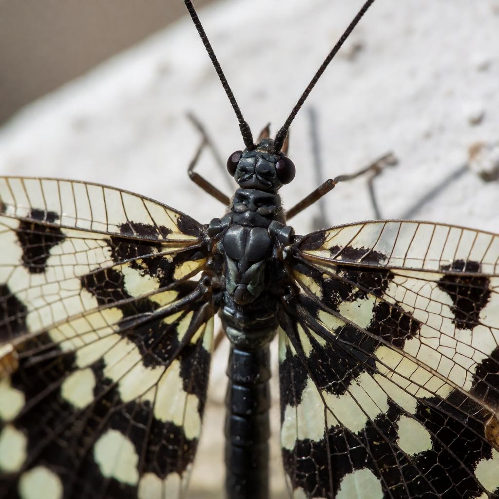 Close-up of a giant lacewing, showing the spotted wings and the dark head with long antennae