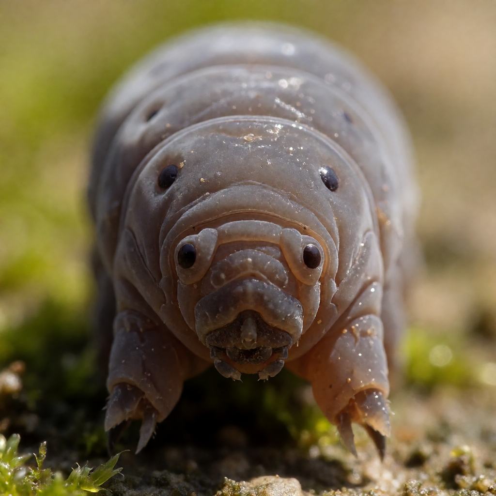 Close-up of a tardigrade, showing the plump segmented body, eight clawed legs and the dark eye spots