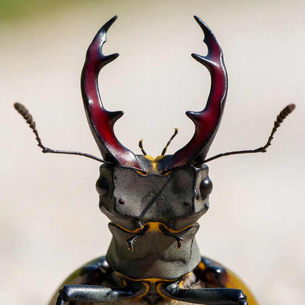 Close-up of a giant stag beetle, showing the long curved mandibles and the dark red-brown body