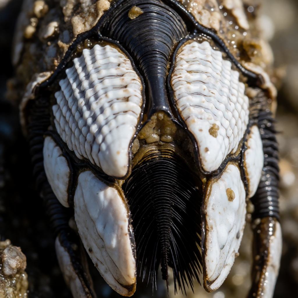 Close-up of goose barnacles, showing the white ridged shells on the stalk and the black feathery feeding legs