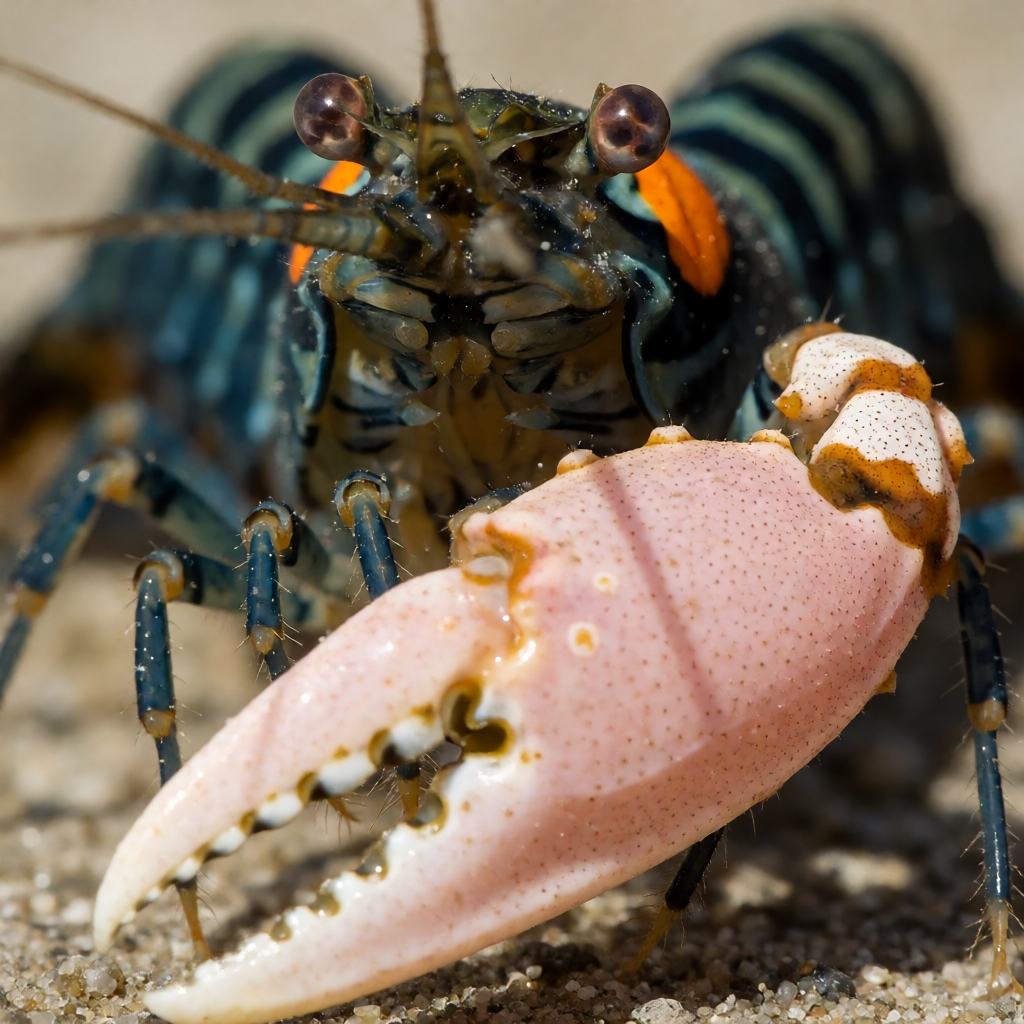 Close-up of a snapping shrimp, showing the huge pale claw and the dark blue-green body