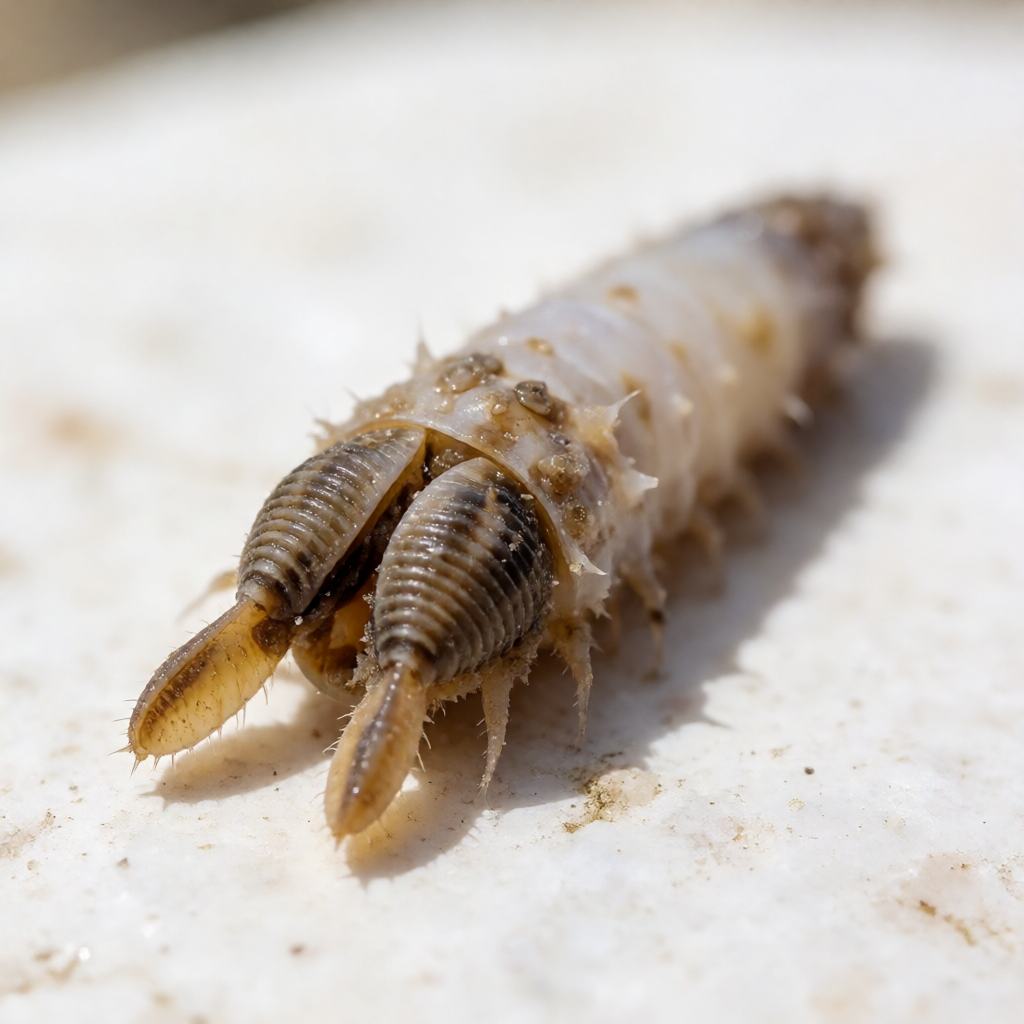 Close-up of a black shipworm inside its tunnel, showing the two small ridged shells and the long pale body