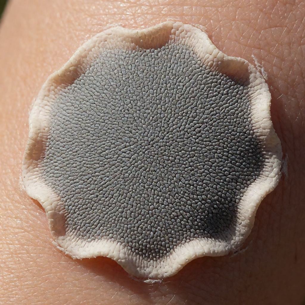 Close-up of a smoky bracket fungus, showing the grey velvety shelves and the dark pore surface below