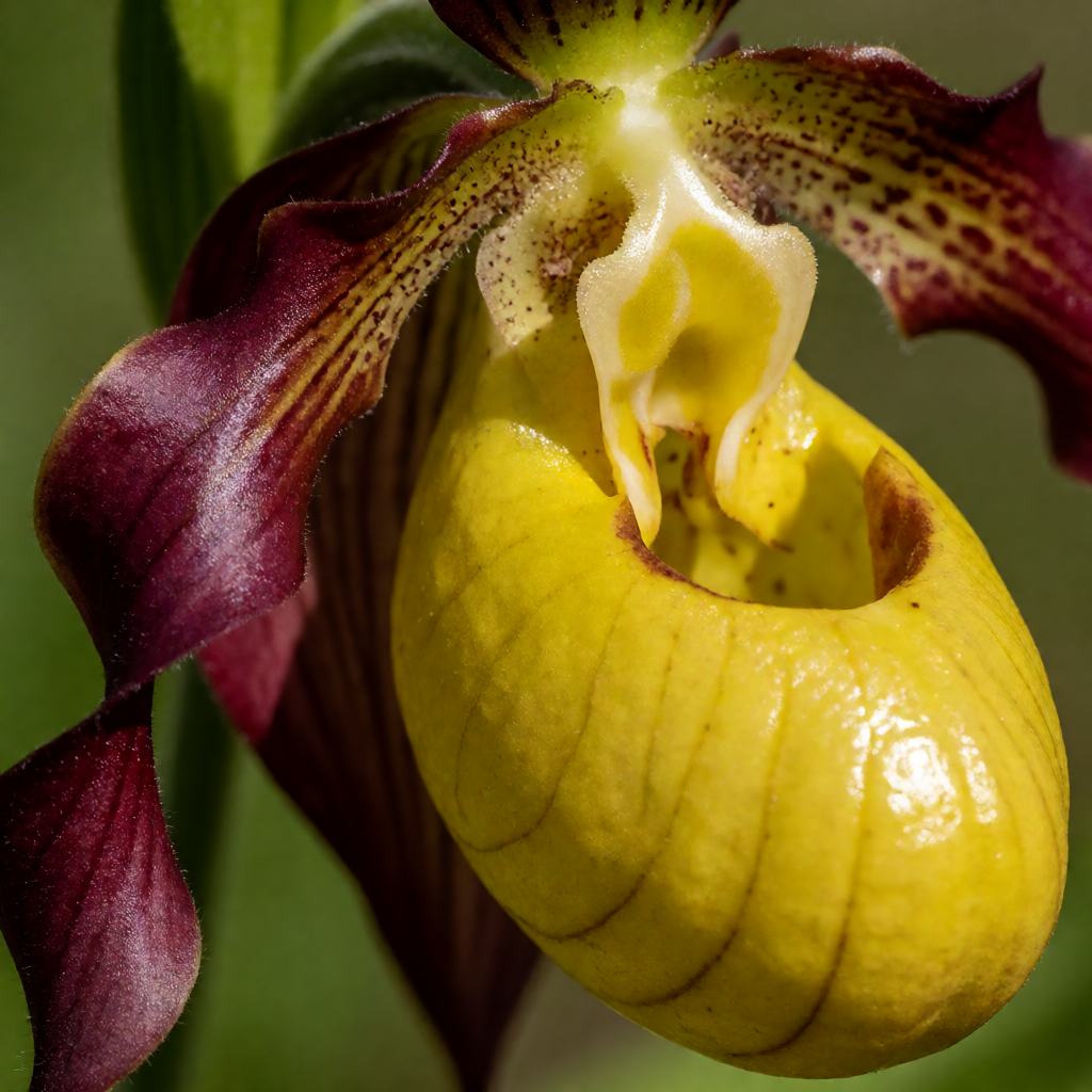 Close-up of a lady's slipper orchid, showing the deep yellow pouch and the long twisted purple petals