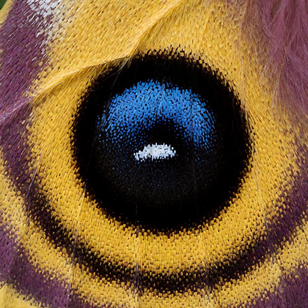 Close-up of an io moth, showing the yellow forewing, the dark eyespot on the hindwing and the feathery antenna