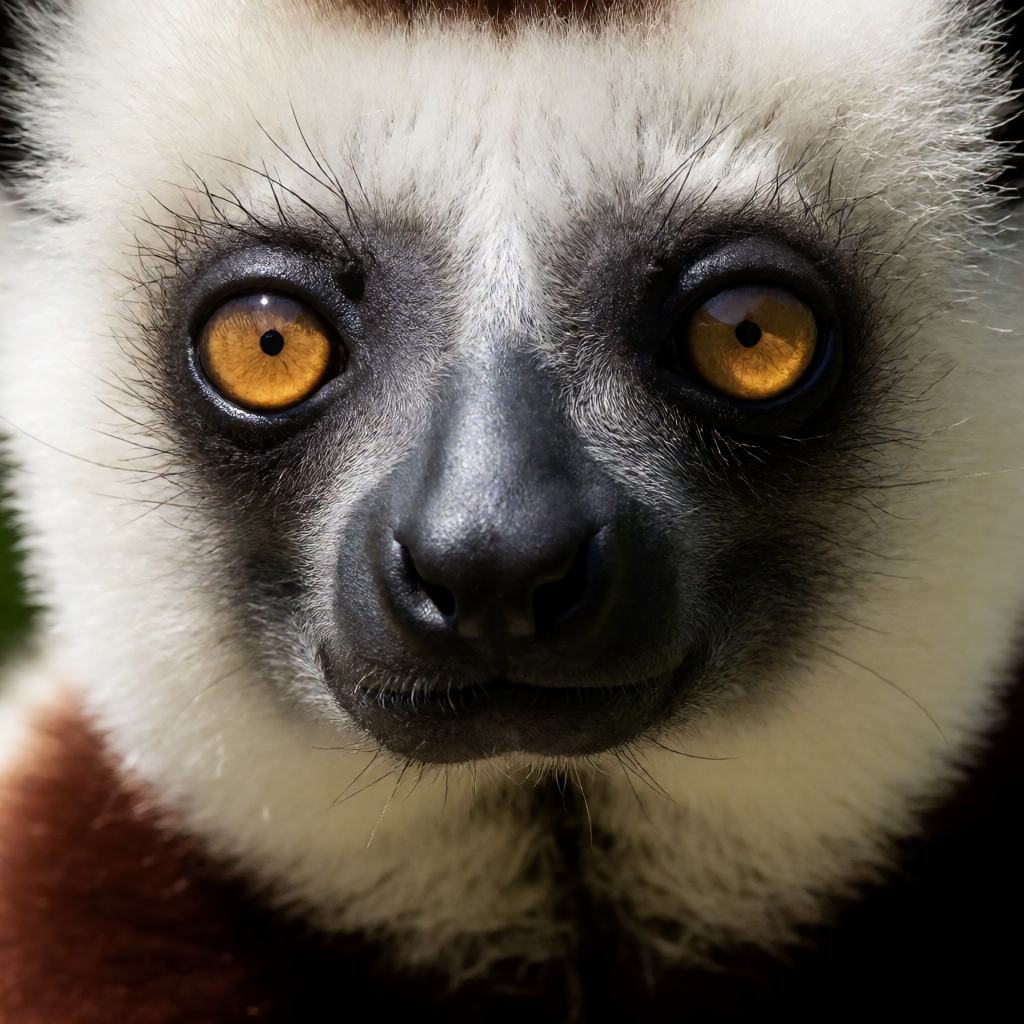 Close-up of a Coquerel's sifaka face, showing the dark bare skin and the white fur around it