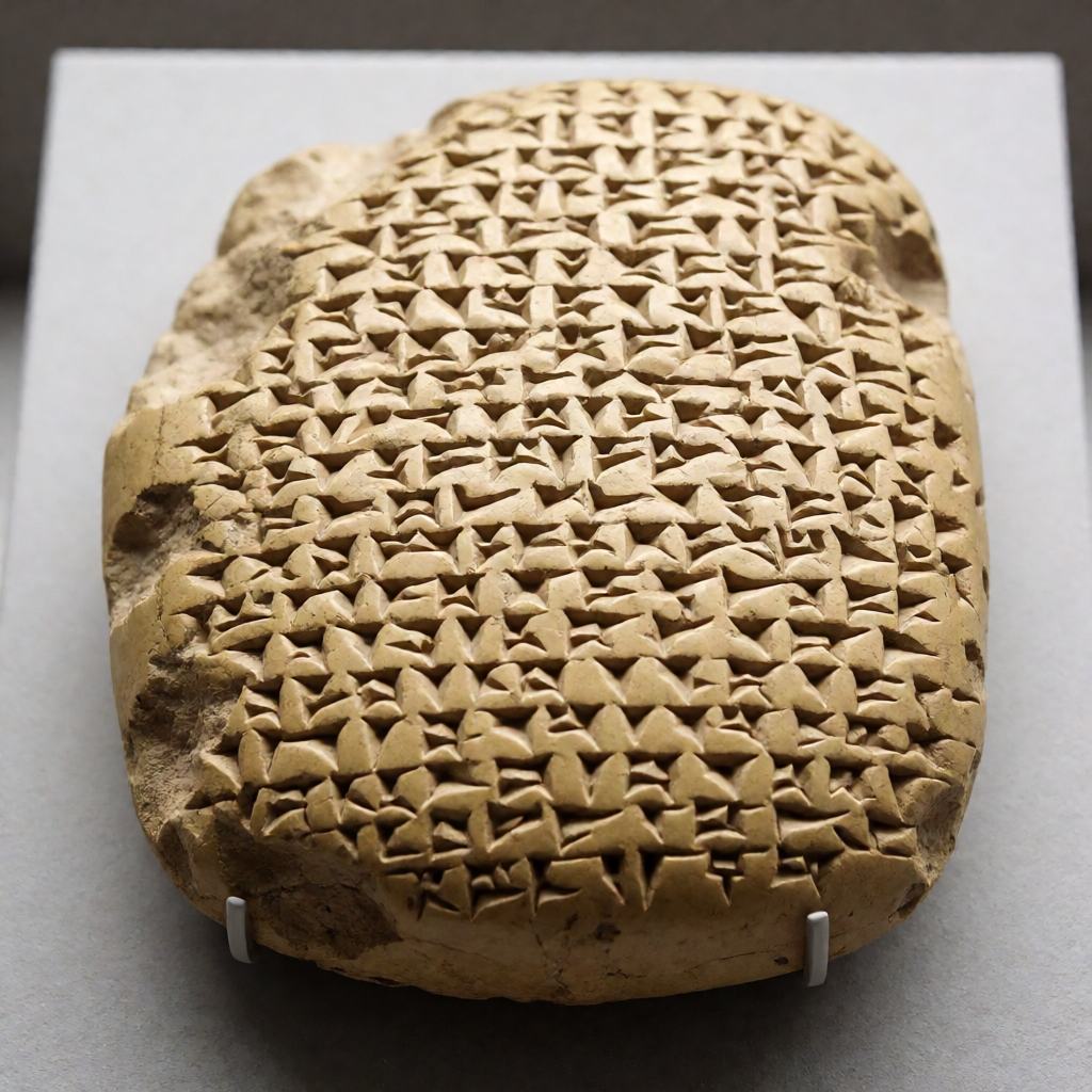 Ancient Sumerian clay tablet covered in dense wedge-shaped cuneiform signs
