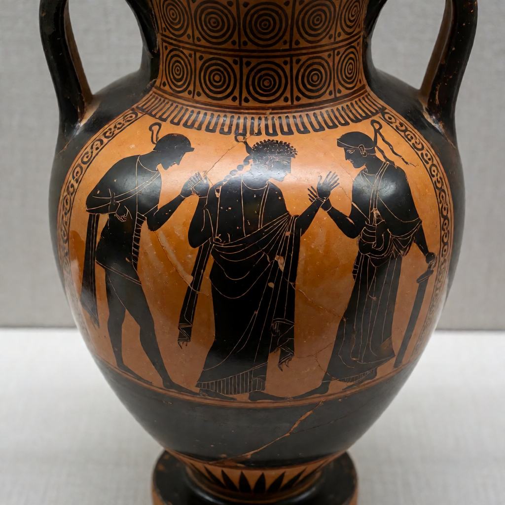 Ancient Greek black-figure amphora painted with a scene in silhouette