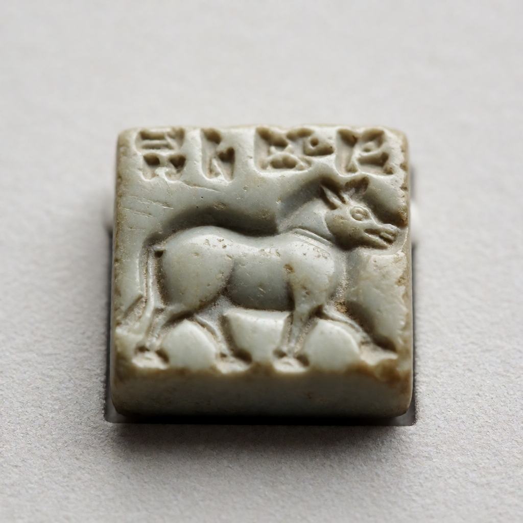 Indus Valley steatite seal carved with a humped animal and a row of signs