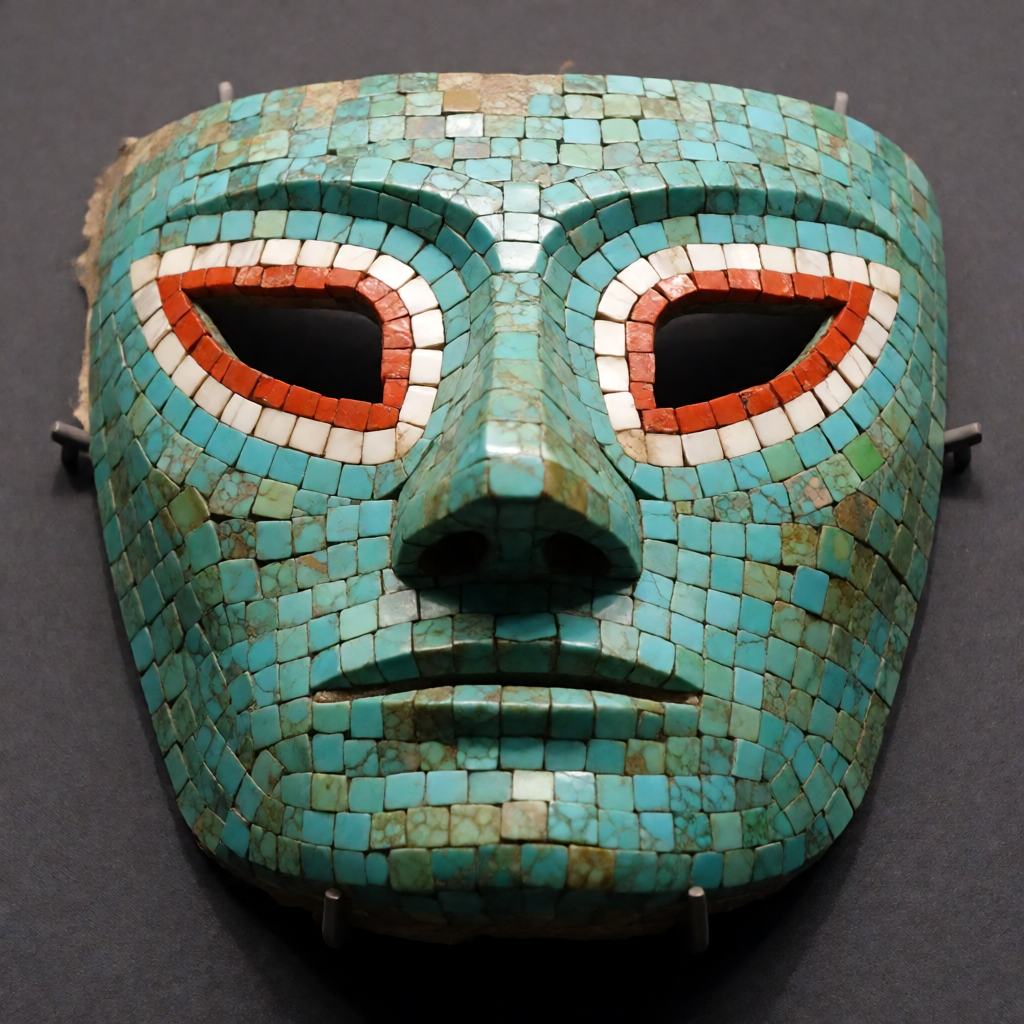 Aztec turquoise mosaic mask set with small square tesserae