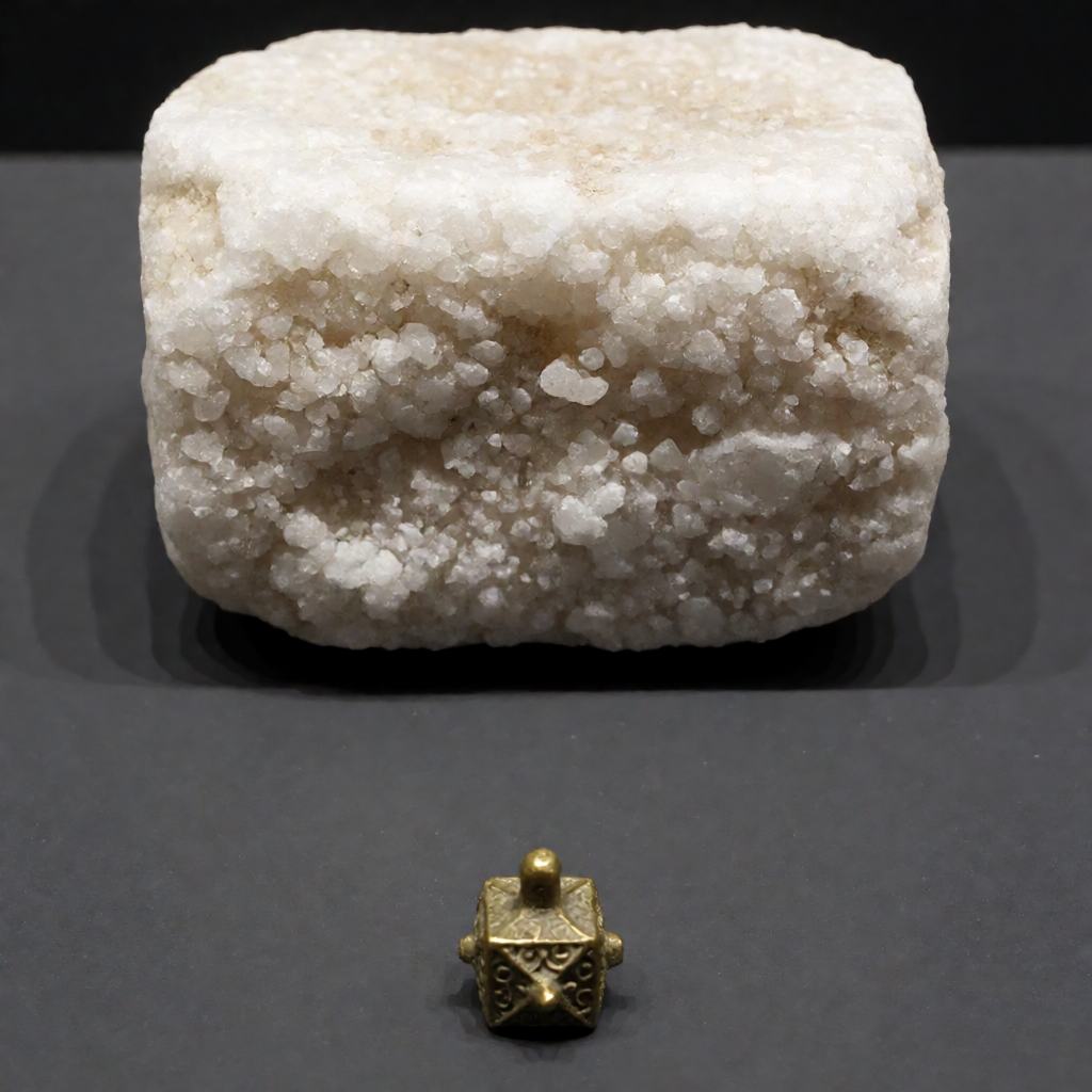 Rough white block of rock salt beside a small cast brass trade weight