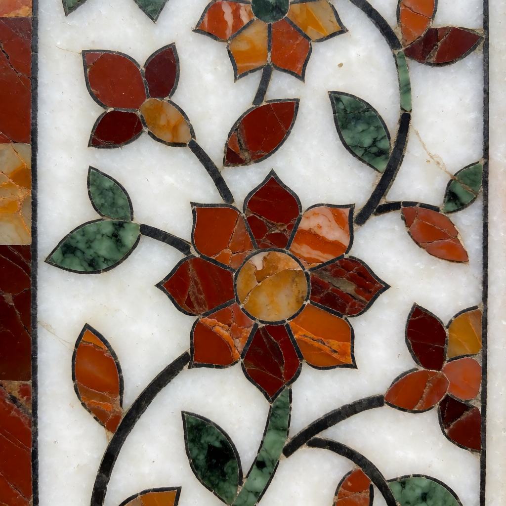 White marble panel inlaid with flowers cut from coloured semi-precious stone