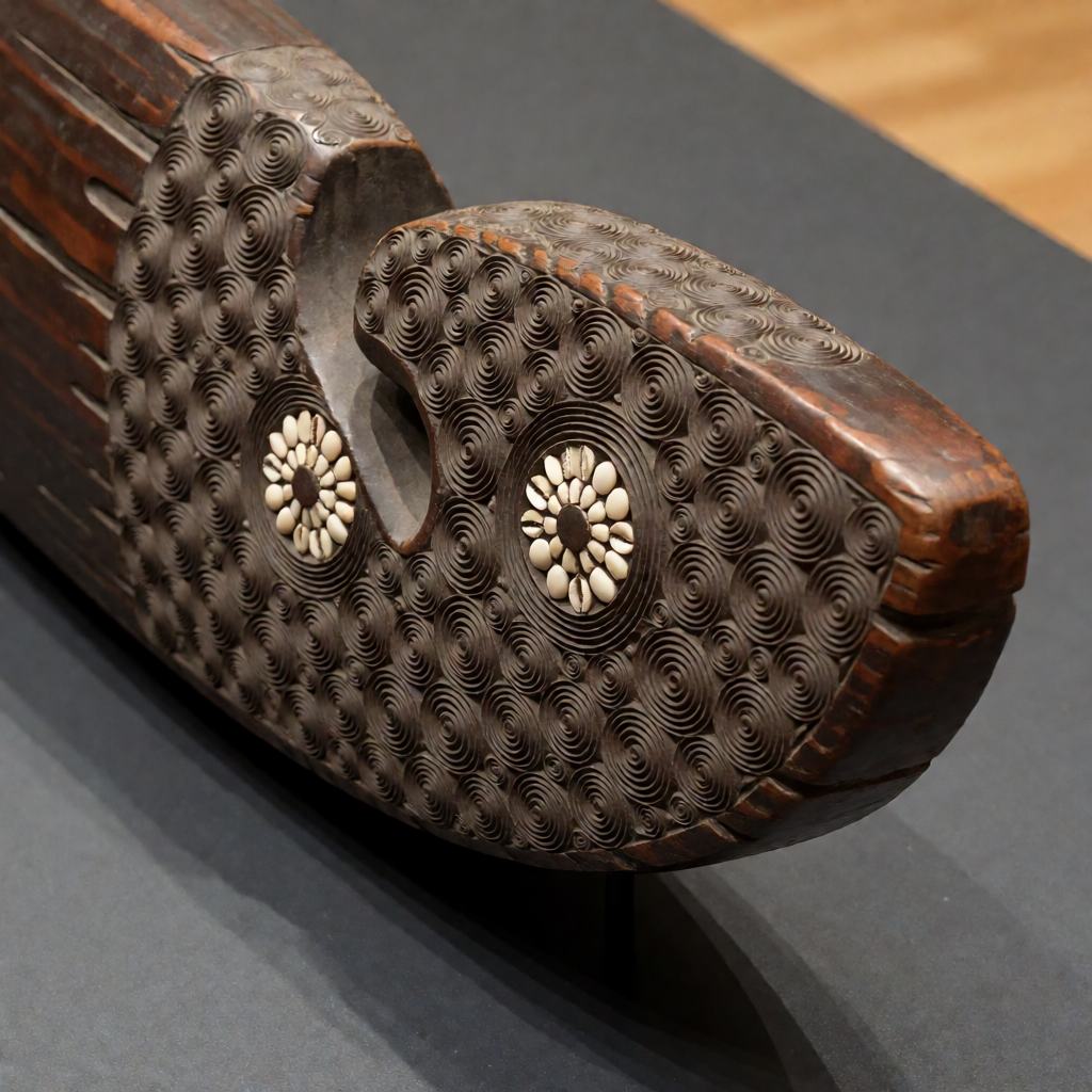Polynesian carved wooden canoe prow ornament with spiral carving and shell inlay